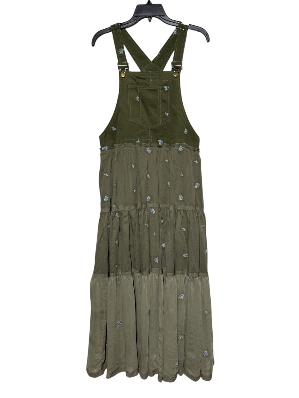 Green Overall Maxi Dress Size Small Tiered Floral 100% Cotton Cottagecore